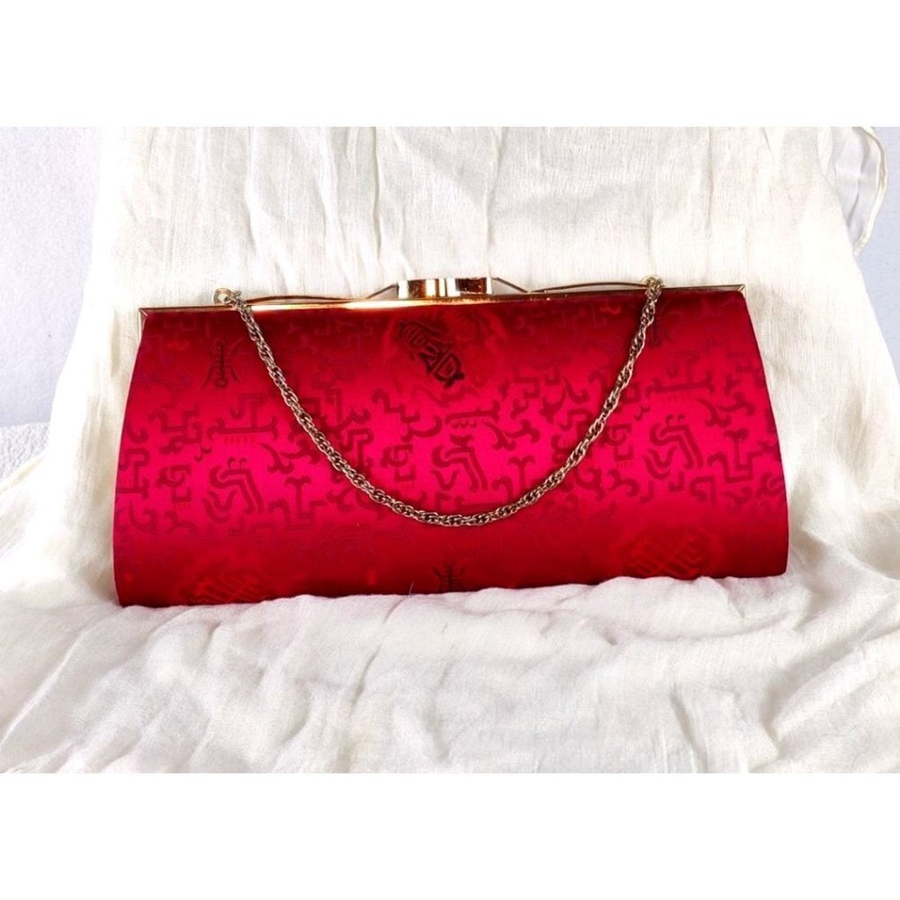 Red Evening Clutch Oriental Print Satin Like Material With/Without Chain Party